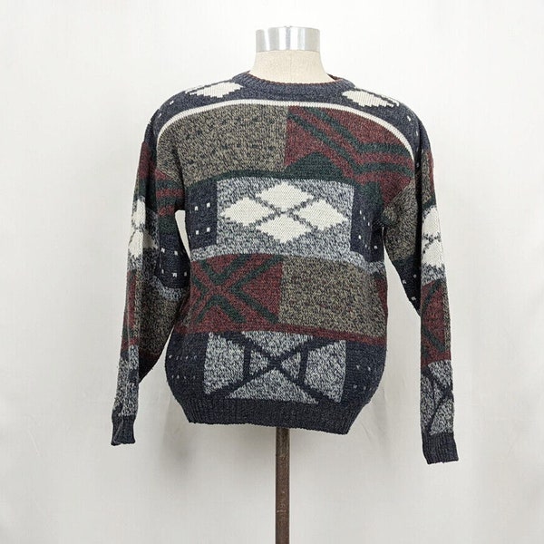 Vintage 80s Sweater Gray White Pattern Acrylic Wool Grandpa Men's Size M