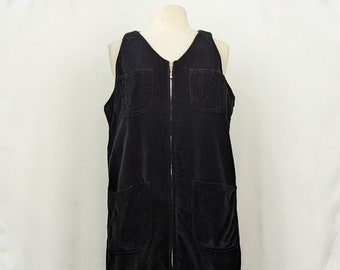 Vintage 90s Jumper Dress Black Velour Zip Front Pockets Misses Size M