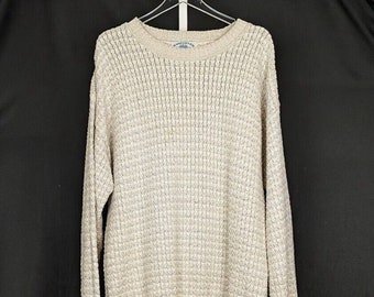 Vintage 90s Sweater Tan Cream Gray Cable Knit Cotton Long Sleeve Men's Size XL