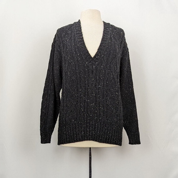 90s Sweater Dark Gray Chunky V-Neck Oversize Cable Knit Misses M Vintage