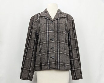 Vintage 90s Jacket Gray Plaid Button Front Acrylic Blend Lined Misses Size 8