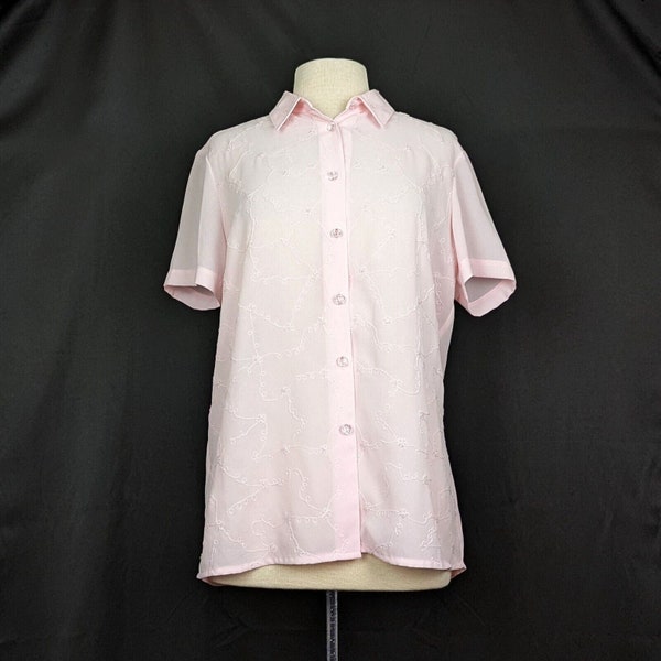 Vintage 90s Blouse Pink Floral Embroidered Beaded Short Sleeve Misses Size 10