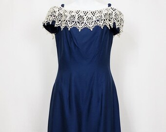 80s Prom Dress Navy Blue Off the Shoulder White Lace Long Misses 8 Vintage