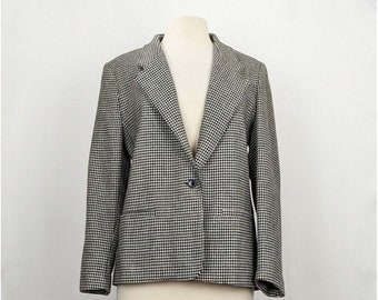 90s Jacket Black White Houndstooth Wool Blend Academia Misses 12 Vintage