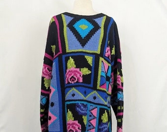 90s Sweater Black Colorful Pattern Wool Chunky Misses L Brass Plum Vintage