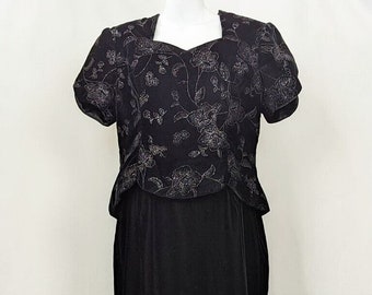 Vintage 90s Dress Black Velvet Floral Peplum Misses Size 10 Scott McClintock