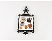 Vintage Kitschy Kitchen Cast Iron Ceramic Tile Trivet, Kitchen Decor, Cabin Decor