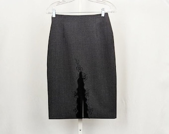 Vintage 90s LBK Lou Barok Skirt Gray Wiggle Black Floral Wool Blend Misses 38
