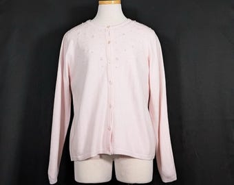 Vintage 90s Twinset Cardigan Sweater Short Sleeve Top Pink Beaded Misses Size S