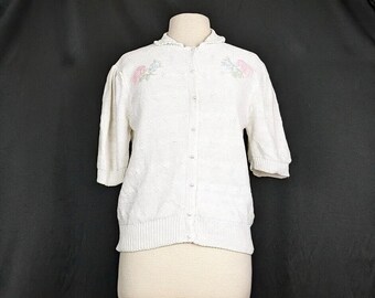 80s Cardigan Sweater White Floral Pearl Buttons Pointelle Knit Misses M Vintage
