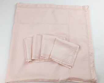 Vintage Tablecloth & 4 Napkins Pink Hemstitch Square  Linen