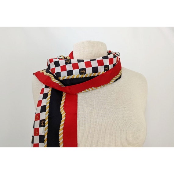 80s Scarf Black Red White Checked Nautical Rectan… - image 3
