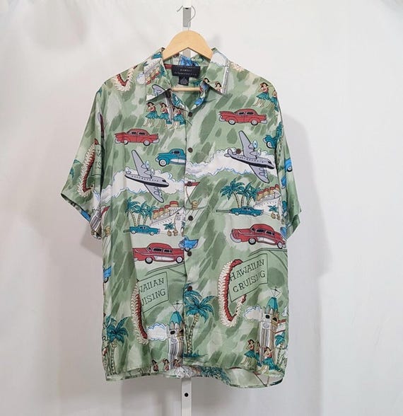Vintage 90s Y2K Green Print Hawaiian Shirt Silk Men's Size S