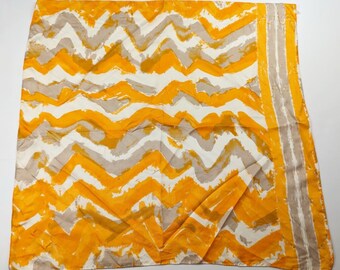 Vintage 70s Scarf Vera Neumann Orange Gray White Stripe Square Silk