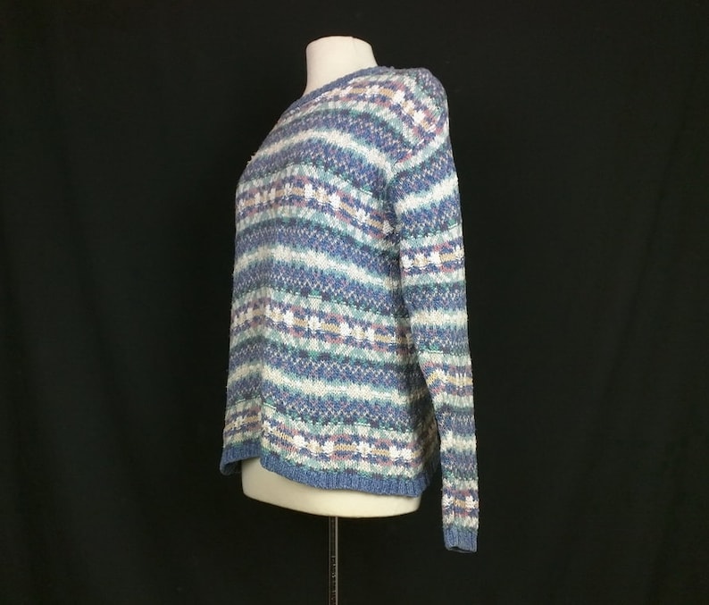 Vintage Sweater Blue Pink White Fair Isle Print Cotton Oversize Women/'s M 80s LL Bean