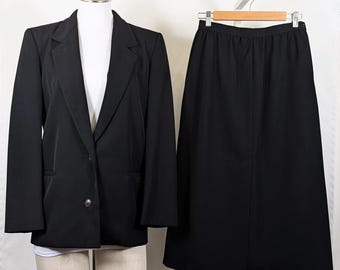 Traje de falda vintage de los años 70 Calvin Klein, chaqueta negra, talla de negocios 8-10 IGLWU