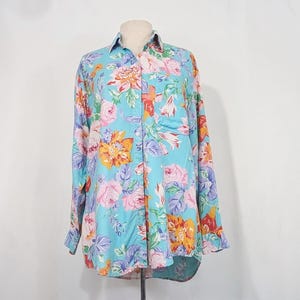 Vintage 90s Blouse Aqua Floral Print Shirt Top Misses Size M