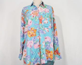 Vintage 90er Jahre Bluse Aqua Blumen Print Shirt Top Damen Größe M Cottagecore