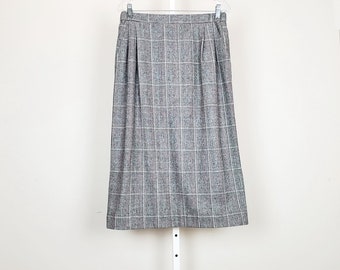 80s Skirt Black White Multi-Color Plaid Straight Lined Wool Blend Misses 14 Vintage
