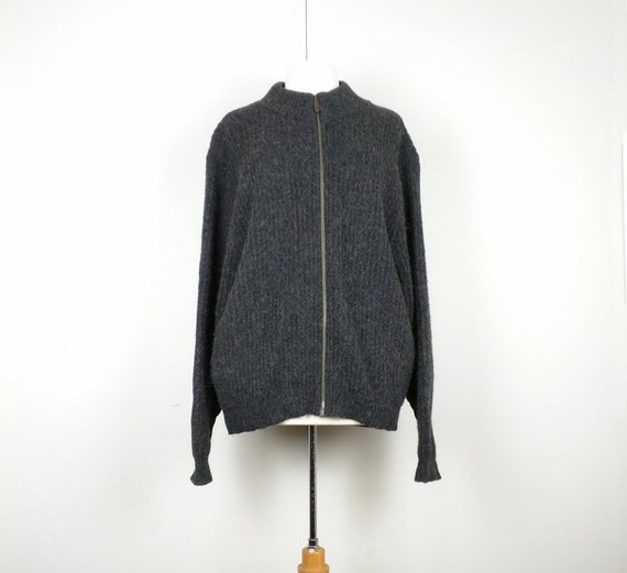 Vintage Cardigan Sweater Dark Gray Ribbed Knit Woo