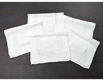 Vintage Set of 5 Napkin White Linen Hem Stitch Cloth