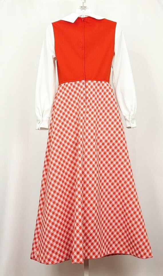 70s Dress Orange White Plaid Wide Collar Long Max… - image 3