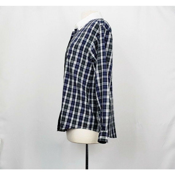 80s Blouse Blue Green Plaid Eyelet Collar Misses … - image 5