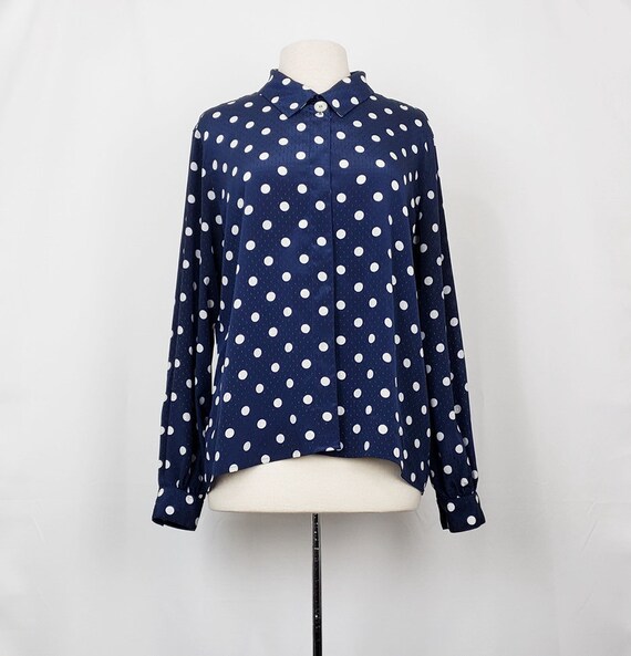 navy blue white polka dot blouse