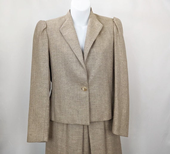 Vintage 80s Skirt Suit Tan Tweed Jacket Misses Si… - image 2