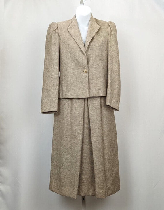 Vintage 80s Skirt Suit Tan Tweed Jacket Misses Si… - image 1