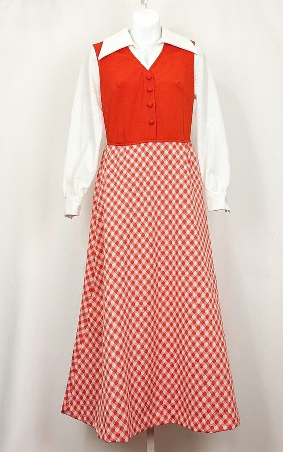 70s Dress Orange White Plaid Wide Collar Long Max… - image 1