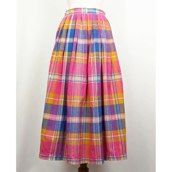 90s Skirt Pink Plaid Pleated Midi Cotton Misses 1… - image 1