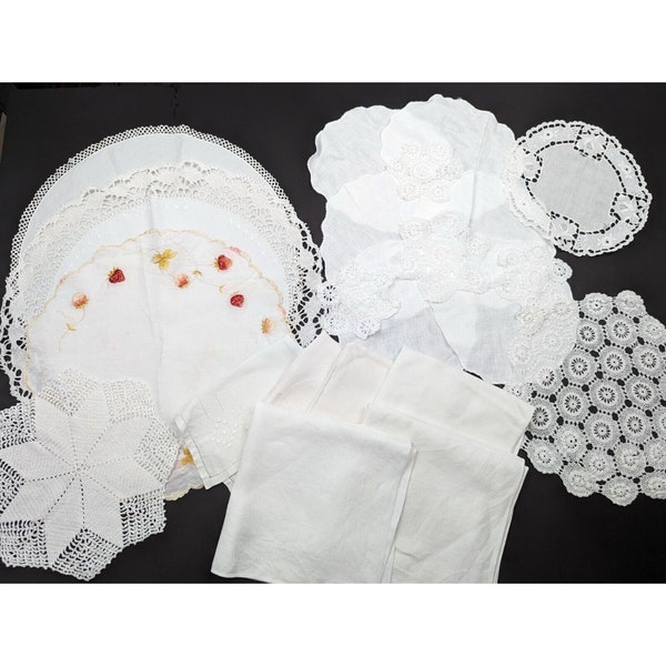 Vintage Lot of 21 Doilies Cloth Napkins White Cutters Craft