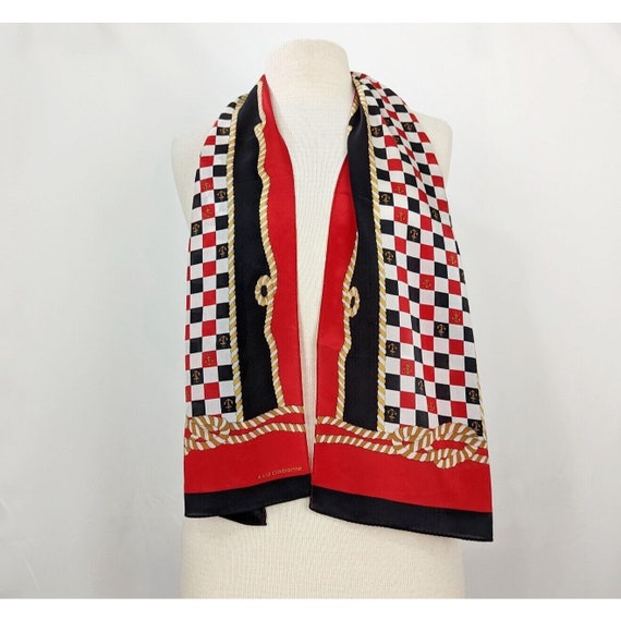 80s Scarf Black Red White Checked Nautical Rectan… - image 2