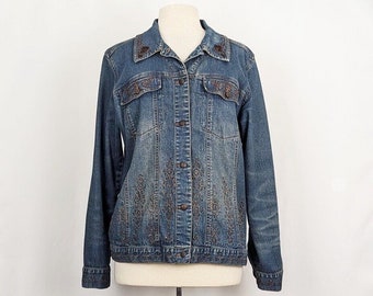 Y2K Jacket Blue Denim Floral Embellished Boho Misses M Vintage