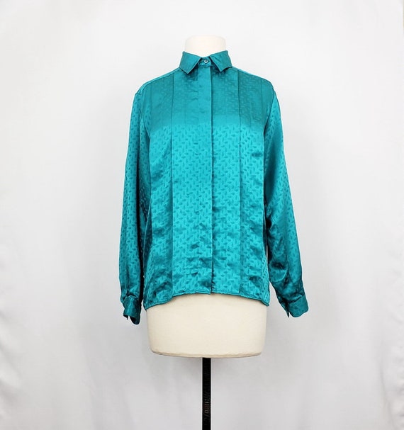80s teal green pleat front poly blouse teal poly blouse teal pleated blouse 80s vintage blouse secretary blouse 80s vintage blouse