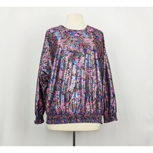 Vintage 80s Top Floral Paisley Foil Disco Dolman Sleeve Misses Size L