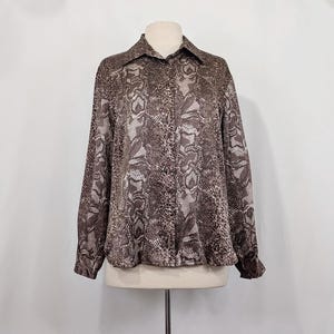 Vintage 90s Blouse Brown Black Reptile Animal Print Silk Top Shirt Misses Size 10