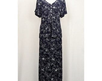 Vintage 90s Dress Blue White Floral Print Rayon Long Maxi Misses 14