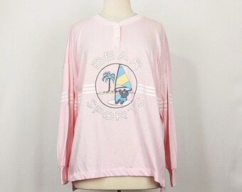 Vintage 80s Top Pink Bear Sports Long Sleeve Oversize Misses Size M Energie