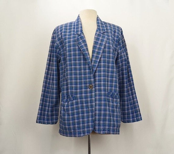 90s Jacket Blue Lavender Plaid Cotton Academia Mi… - image 1