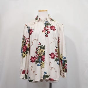 90年代ヴィンテージブラウスシルクトップシャツクリームフローラルプリントミセスサイズS