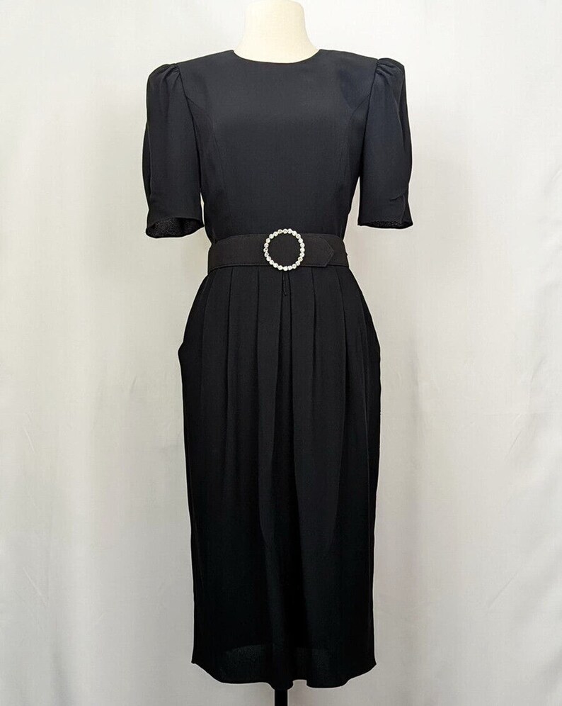 Vintage 80s Dress Black Cocktail Evening Belted 40s Style Misses 8 image 10