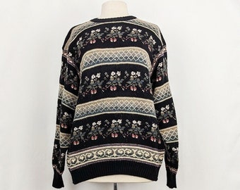 80s Sweater Black Floral Fair Isle Acrylic Wool Blend Misses L Vintage