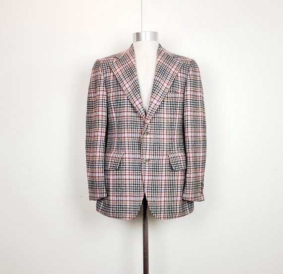 Vintage 70s Sports Coat Gray Houndstooth Plaid Woo