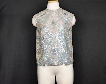 Vintage 60s Top Gray Light Blue Heavily Hand Beaded Cocktail Misses Size 38