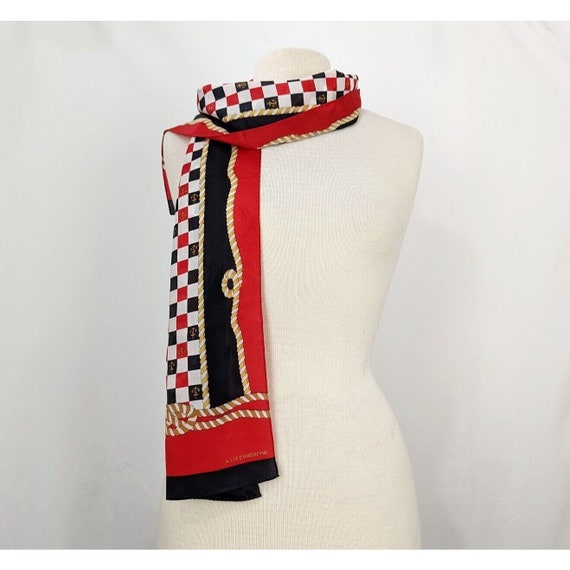 80s Scarf Black Red White Checked Nautical Rectan… - image 1