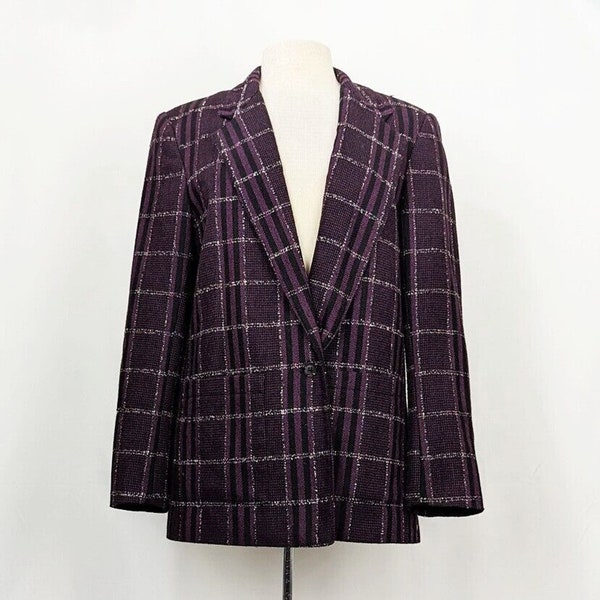 Vintage 80s Jacket Purple Black White Plaid Academia Misses Size 10