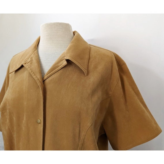 90s Blouse Brown Faux Suede Short Sleeve Button M… - image 4