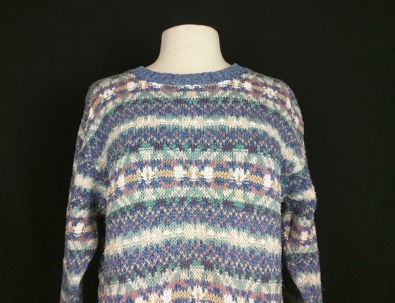 Vintage Sweater Blue Pink White Fair Isle Print Cotton Oversize Women/'s M 80s LL Bean